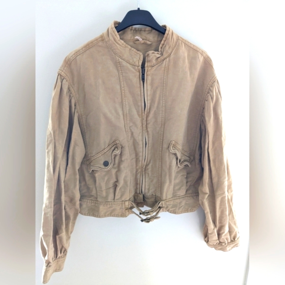 Free People Linen Blend Puff Sleeve Causal Bomber Jacket Neutral Tan Size XS